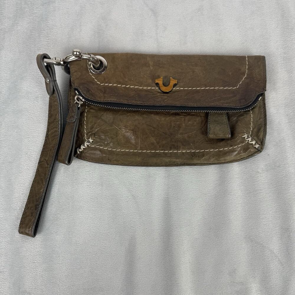 True Religion Leather Wristlet Clutch Boho Classic Stitching Wood Logo‎ RARE